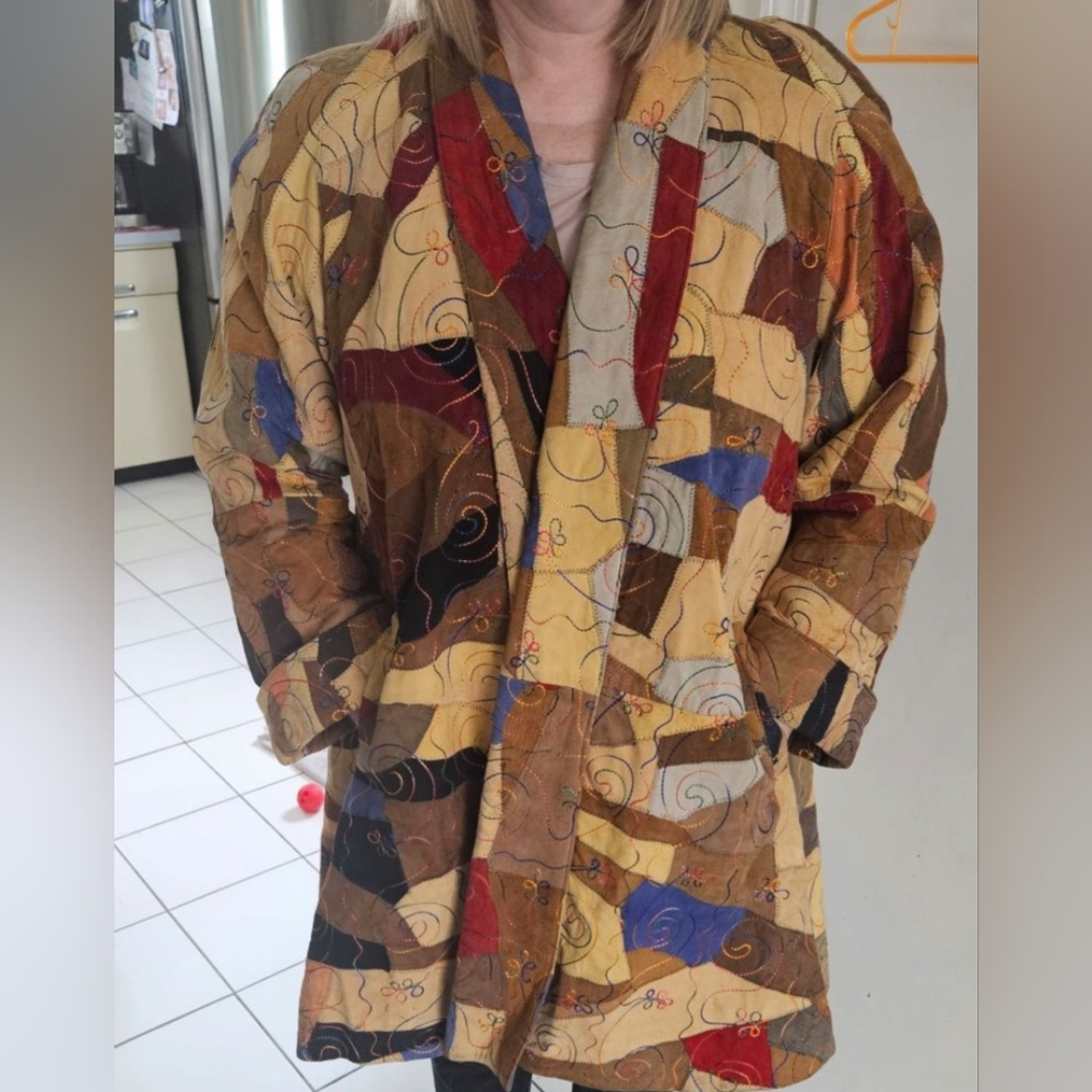 Vintage Leather Multicolor Patchwork Women's Jacket,size L - Picture 3 of 11
